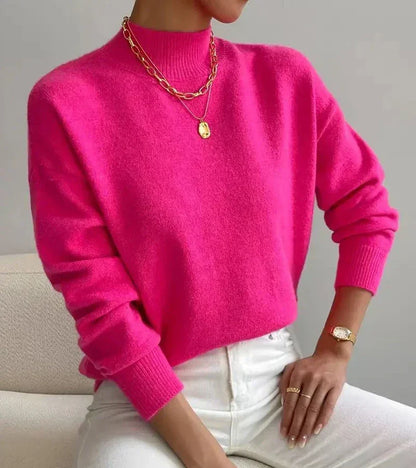 Women's Mock-Neck Relaxed Long-Sleeve Sweater in Dark Pink – additional view | Hensley London