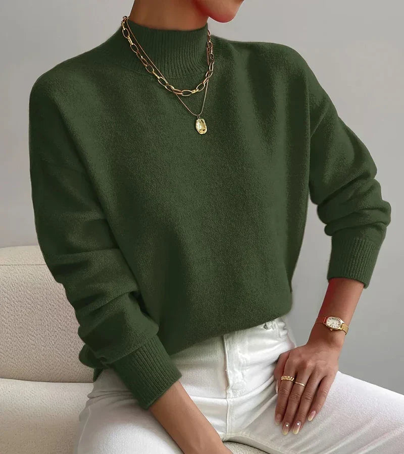 Women's Mock-Neck Relaxed Long-Sleeve Sweater in Green – additional view | Hensley London