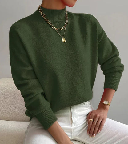 Women's Mock-Neck Relaxed Long-Sleeve Sweater in Green – additional view | Hensley London