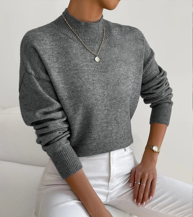 Women's Mock-Neck Relaxed Long-Sleeve Sweater in Gray – additional view | Hensley London