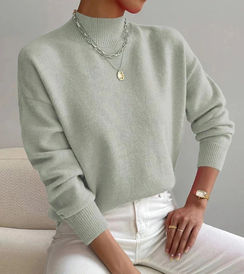 Women's Mock-Neck Relaxed Long-Sleeve Sweater in Pale Green – additional view | Hensley London