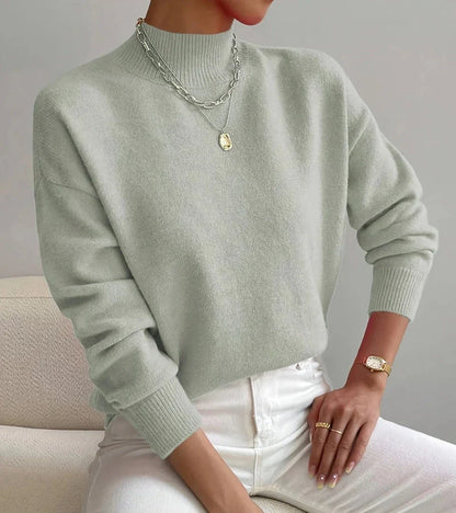 Women's Mock-Neck Relaxed Long-Sleeve Sweater in Pale Green – additional view | Hensley London