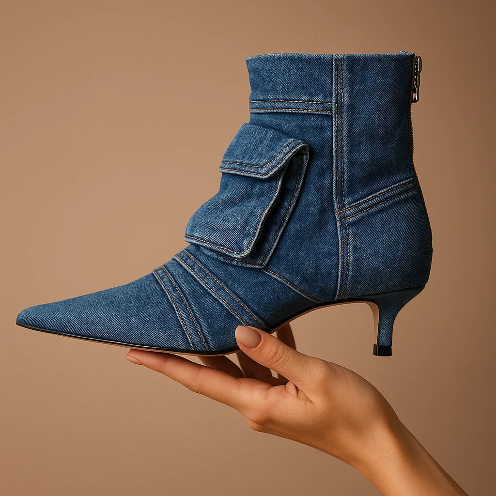Women's Denim Cargo-Pocket Heeled Ankle Boots in Blue – product view | Hensley London