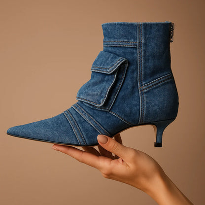 Women's Denim Cargo-Pocket Heeled Ankle Boots in Blue – product view | Hensley London
