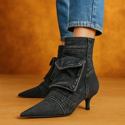 Women's Denim Cargo-Pocket Heeled Ankle Boots in Black – additional product view | Hensley London