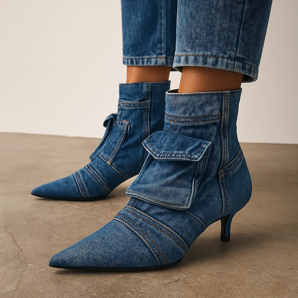 Women's Denim Cargo-Pocket Heeled Ankle Boots – additional product view | Hensley London
