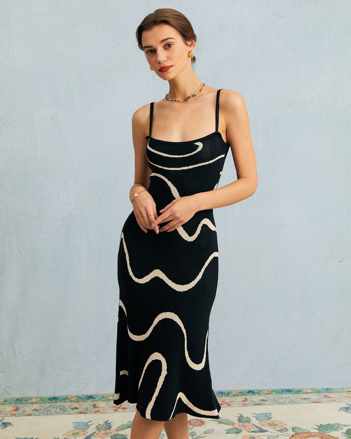 Women's Bodycon Midi Dress Black Cotton Modal Mermaid Hem - 1