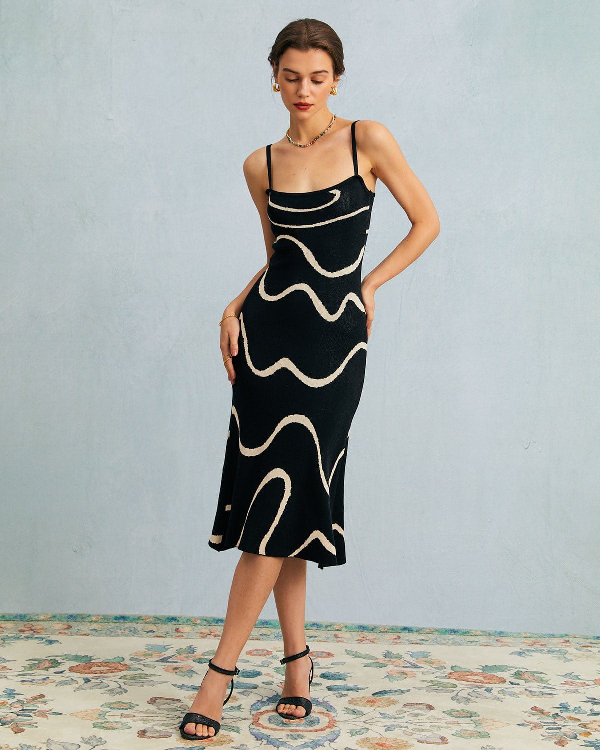 Women's Bodycon Midi Dress Black Cotton Modal Mermaid Hem - 2
