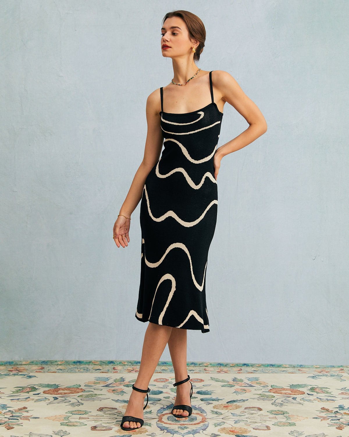 Women's Bodycon Midi Dress Black Cotton Modal Mermaid Hem - 6