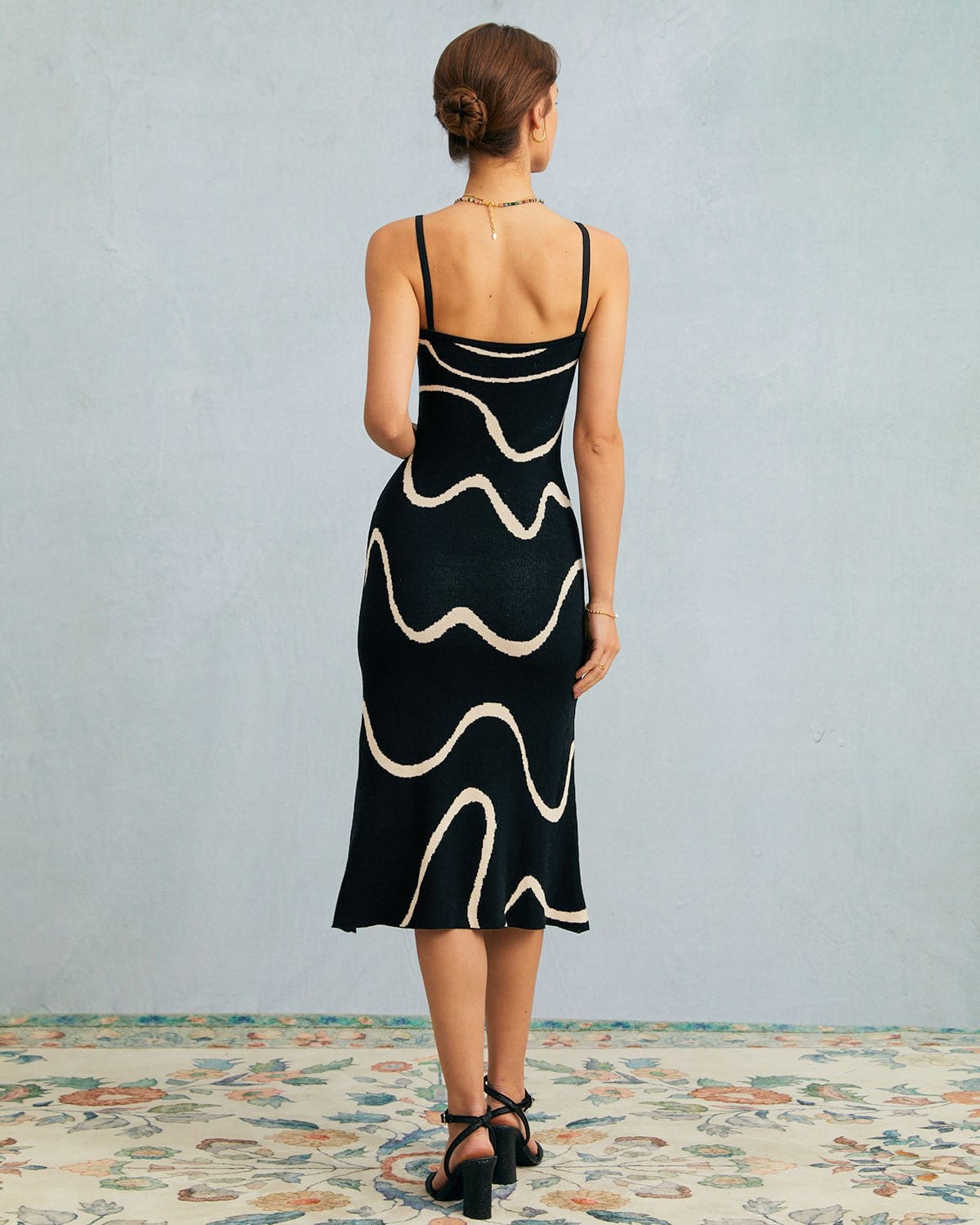 Women's Bodycon Midi Dress Black Cotton Modal Mermaid Hem - 7