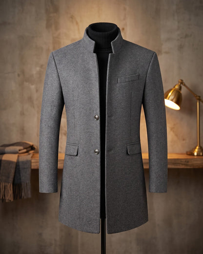 Men's Wool Mandarin Collar Overcoat in Gray - product view | Hensley London