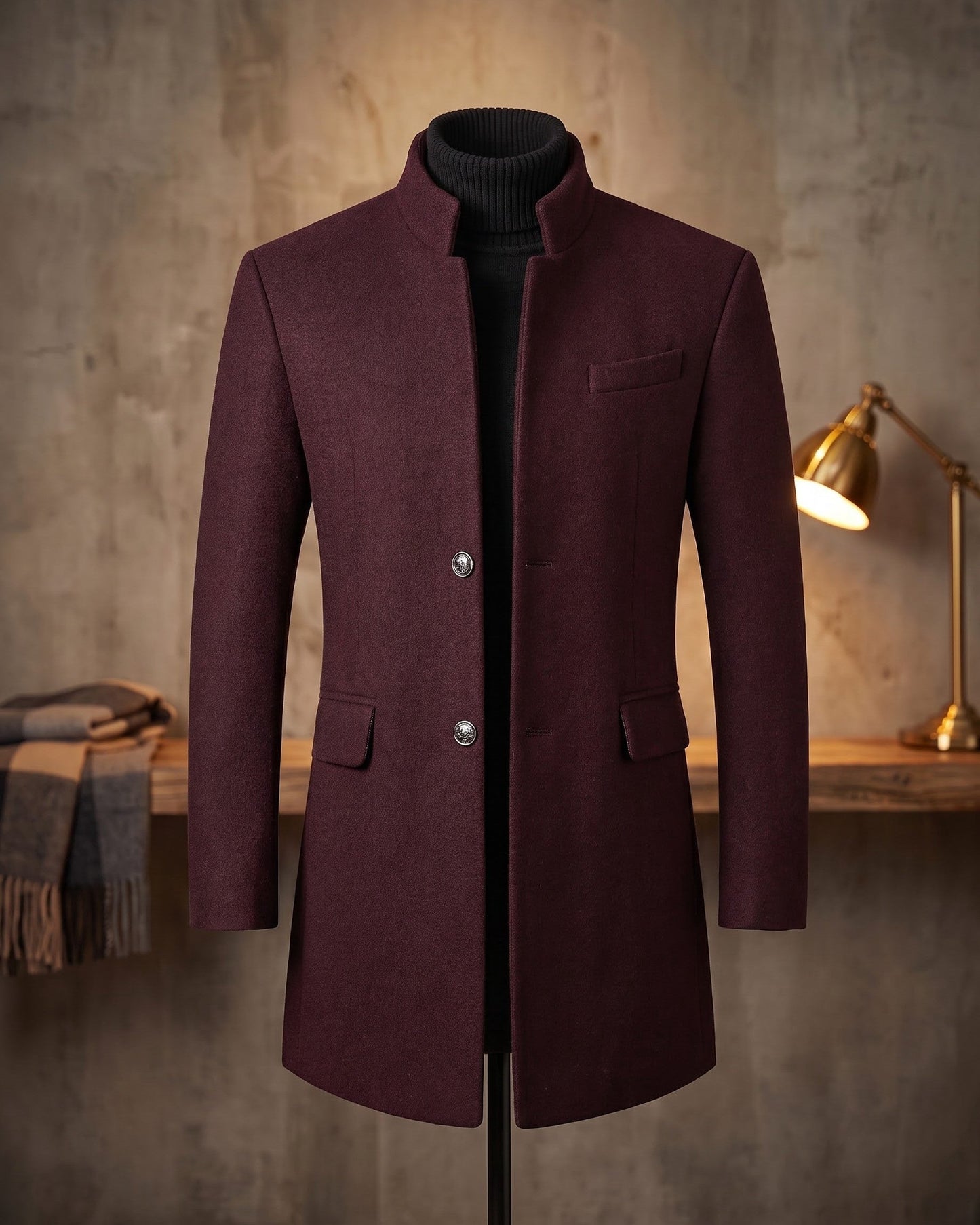 Men's Wool Mandarin Collar Overcoat in Burgundy - product view | Hensley London