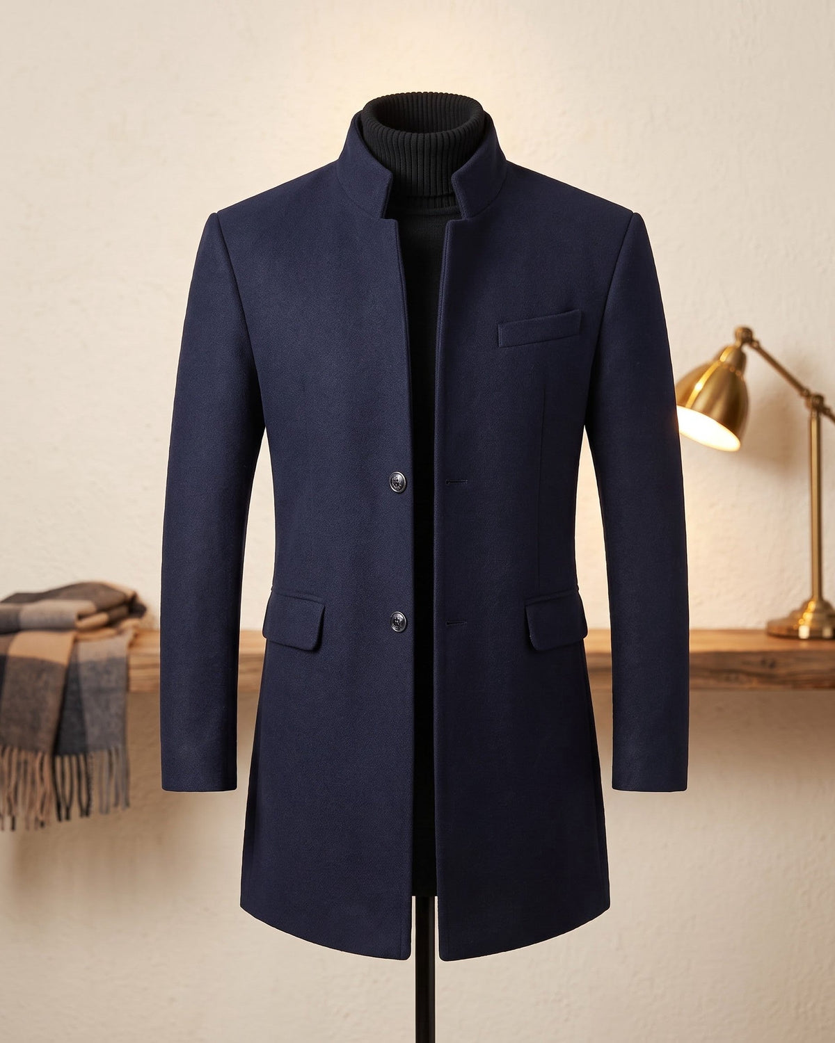 Men's Wool Mandarin Collar Overcoat in Navy - product view | Hensley London