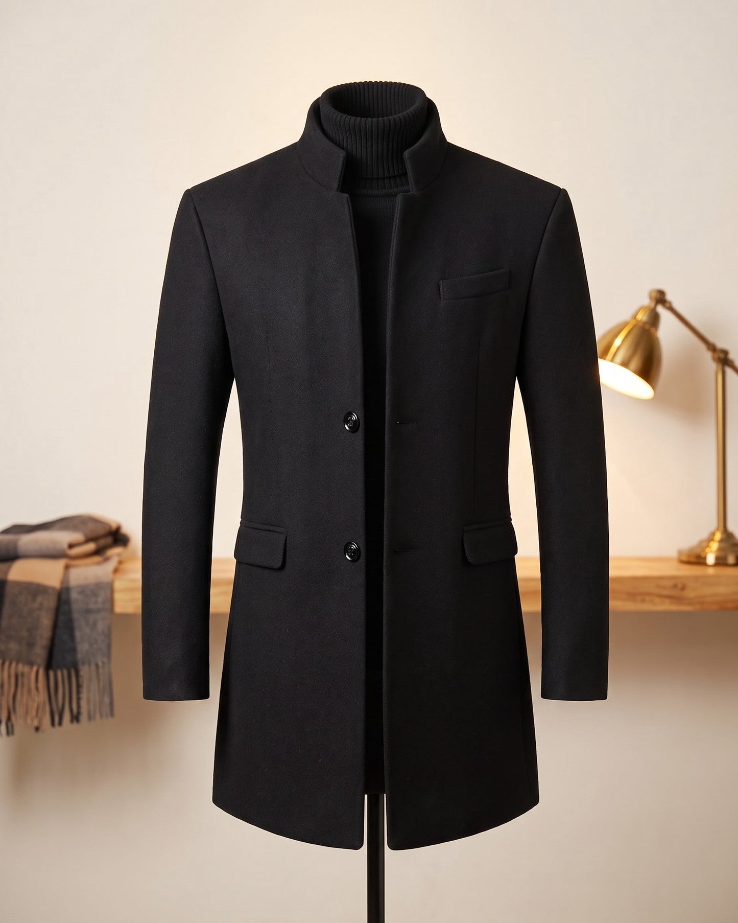 Men's Wool Mandarin Collar Overcoat in Black - product view | Hensley London