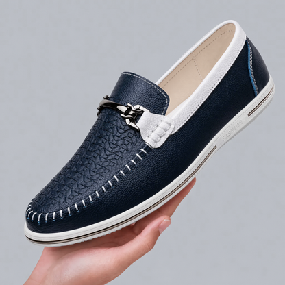 Men's Leather Perforated Bit Loafers in Navy - additional view 2 | Hensley London