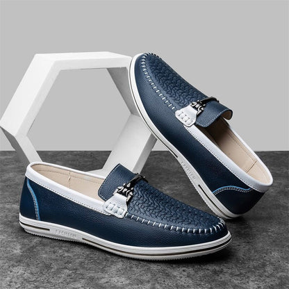 Men's Leather Perforated Bit Loafers in Navy - additional view 3 | Hensley London