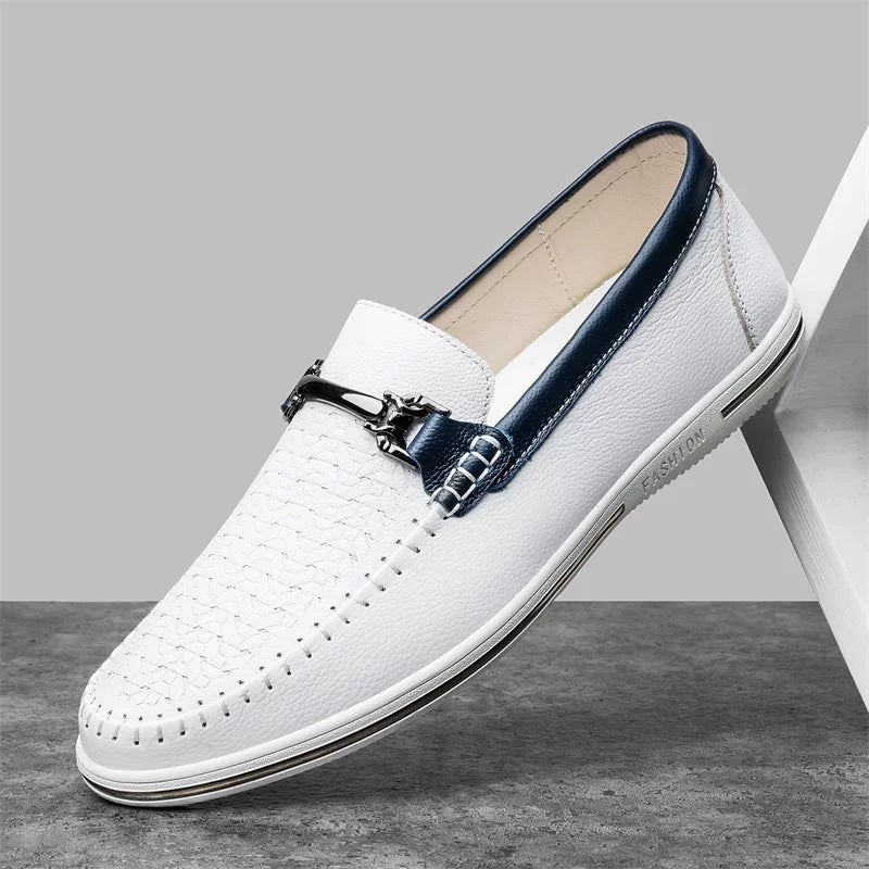Men's Leather Perforated Bit Loafers in White - additional view 4 | Hensley London