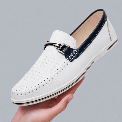 Men's Leather Perforated Bit Loafers in White - additional view 5 | Hensley London
