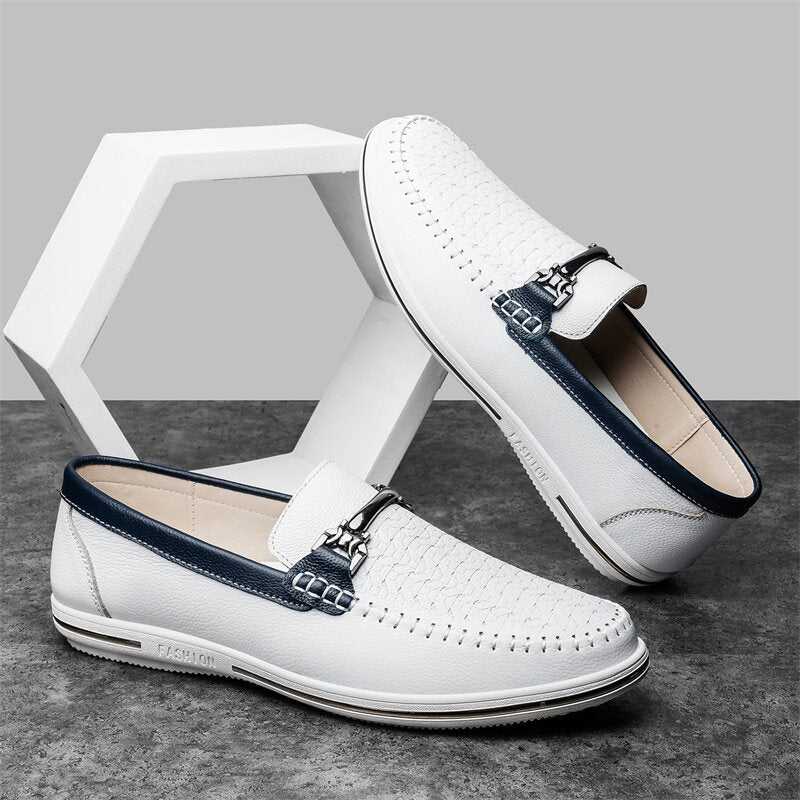 Men's Leather Perforated Bit Loafers in White - additional view 6 | Hensley London