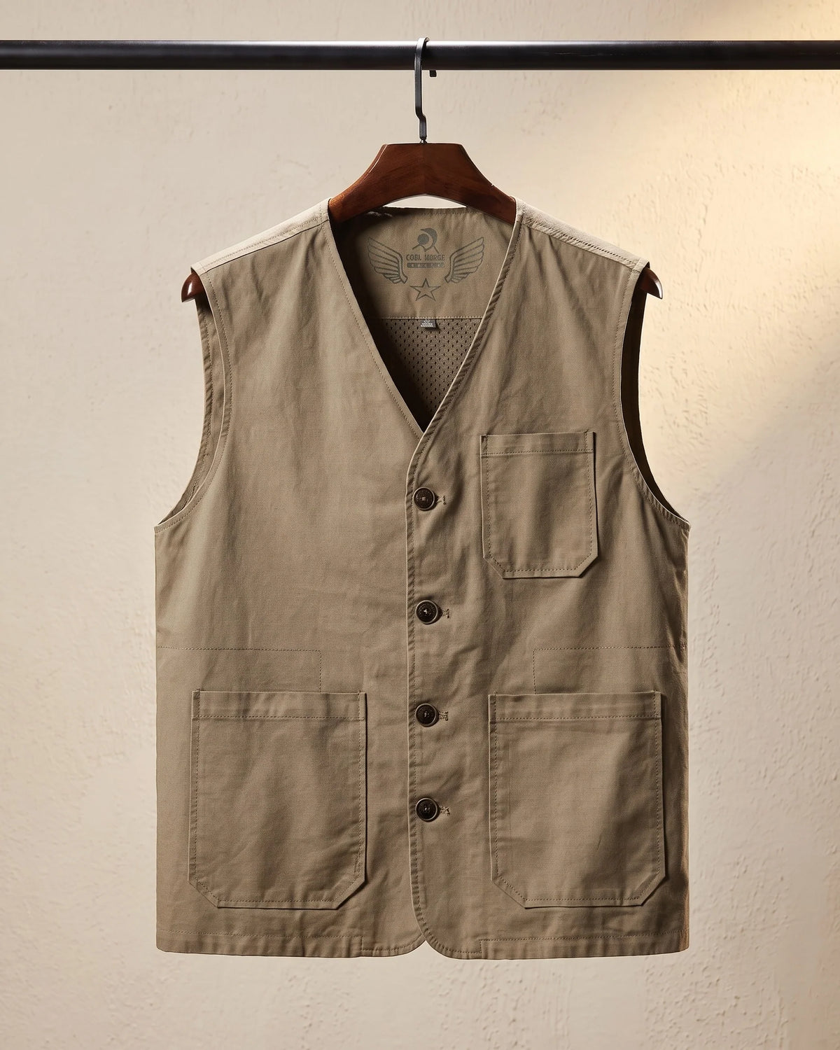 Men's Button-Front Multi-Pocket Utility Vest in Khaki – product view | Hensley London