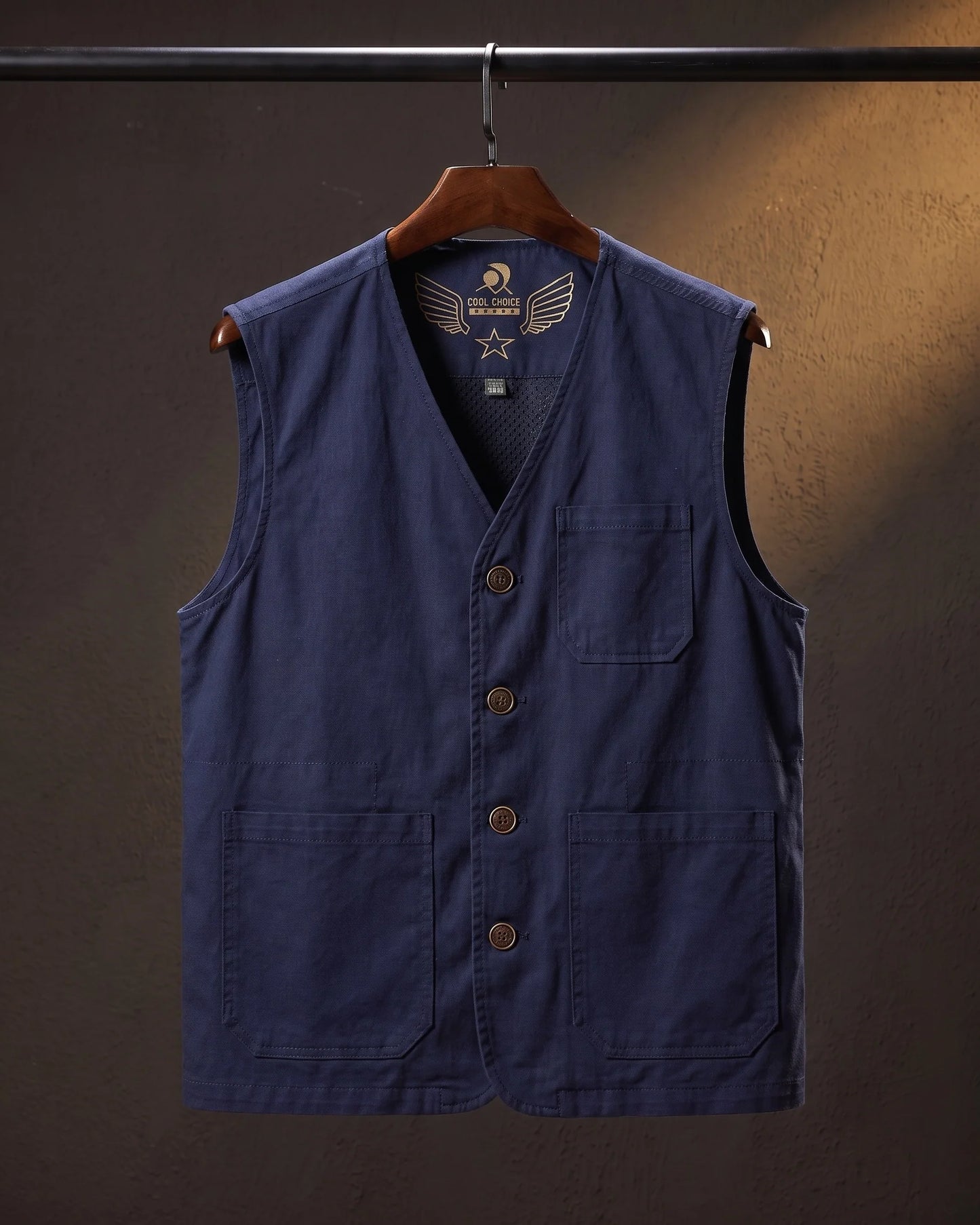 Men's Button-Front Multi-Pocket Utility Vest in Navy – product view | Hensley London