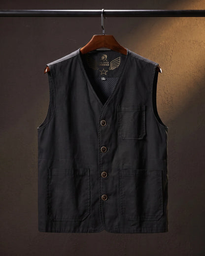 Men's Button-Front Multi-Pocket Utility Vest in Black – product view | Hensley London