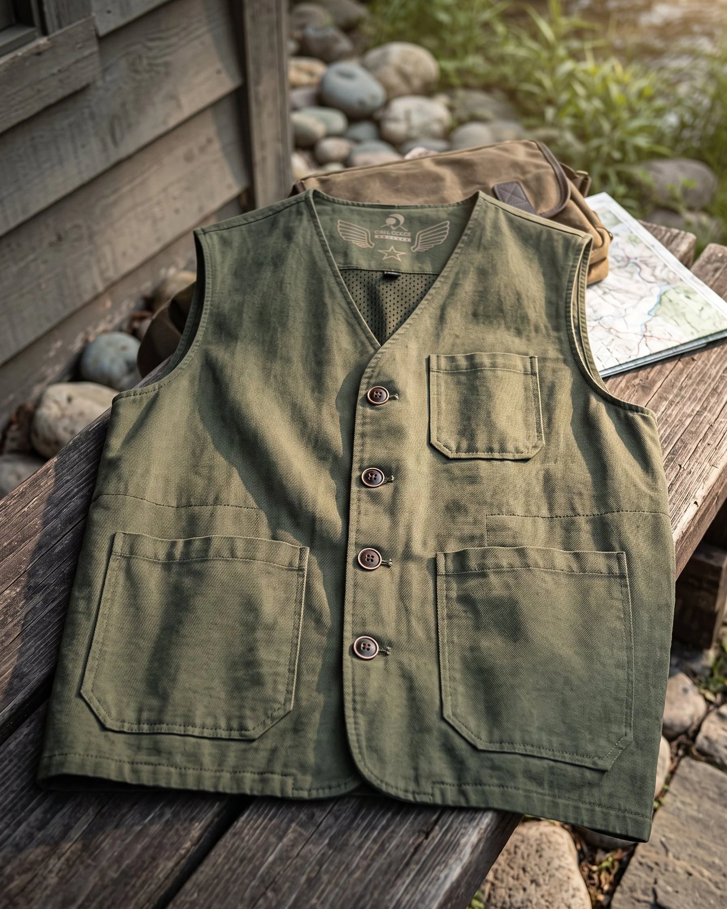 Men's Button-Front Multi-Pocket Utility Vest in Army Green – product view | Hensley London