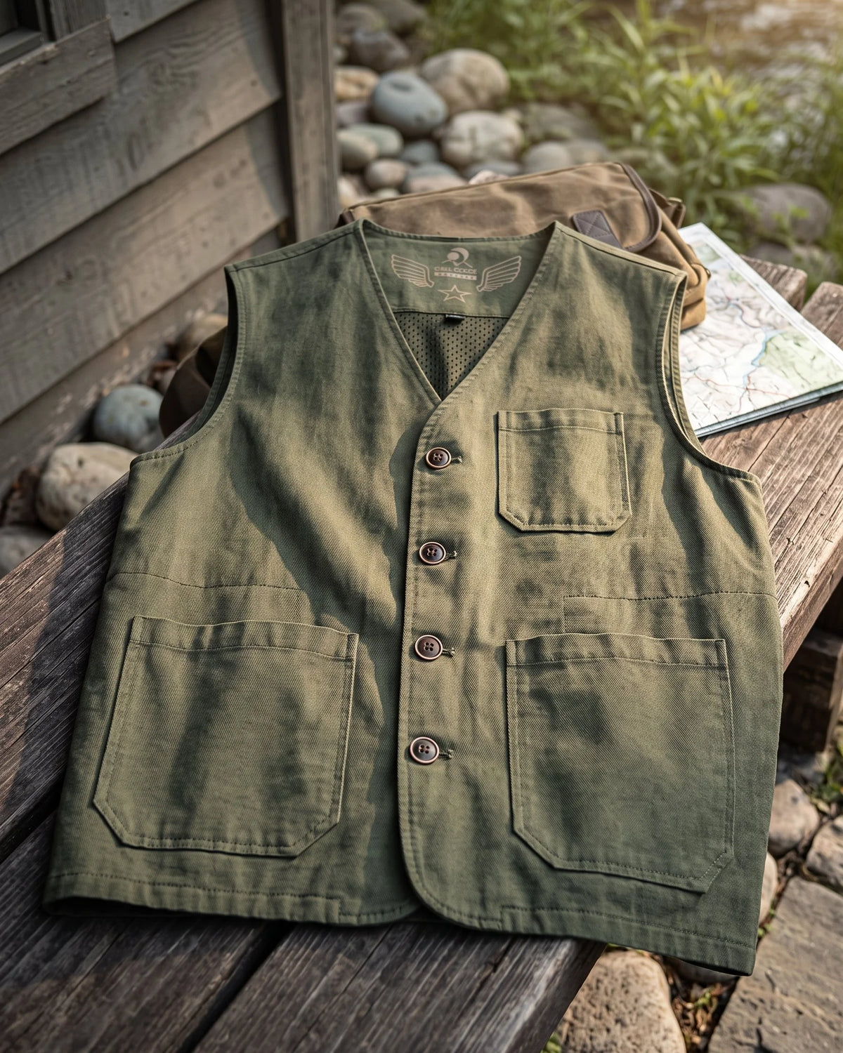 Men's Button-Front Multi-Pocket Utility Vest in Army Green – product view | Hensley London