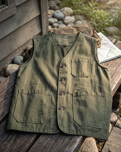 Men's Button-Front Multi-Pocket Utility Vest in Army Green – product view | Hensley London