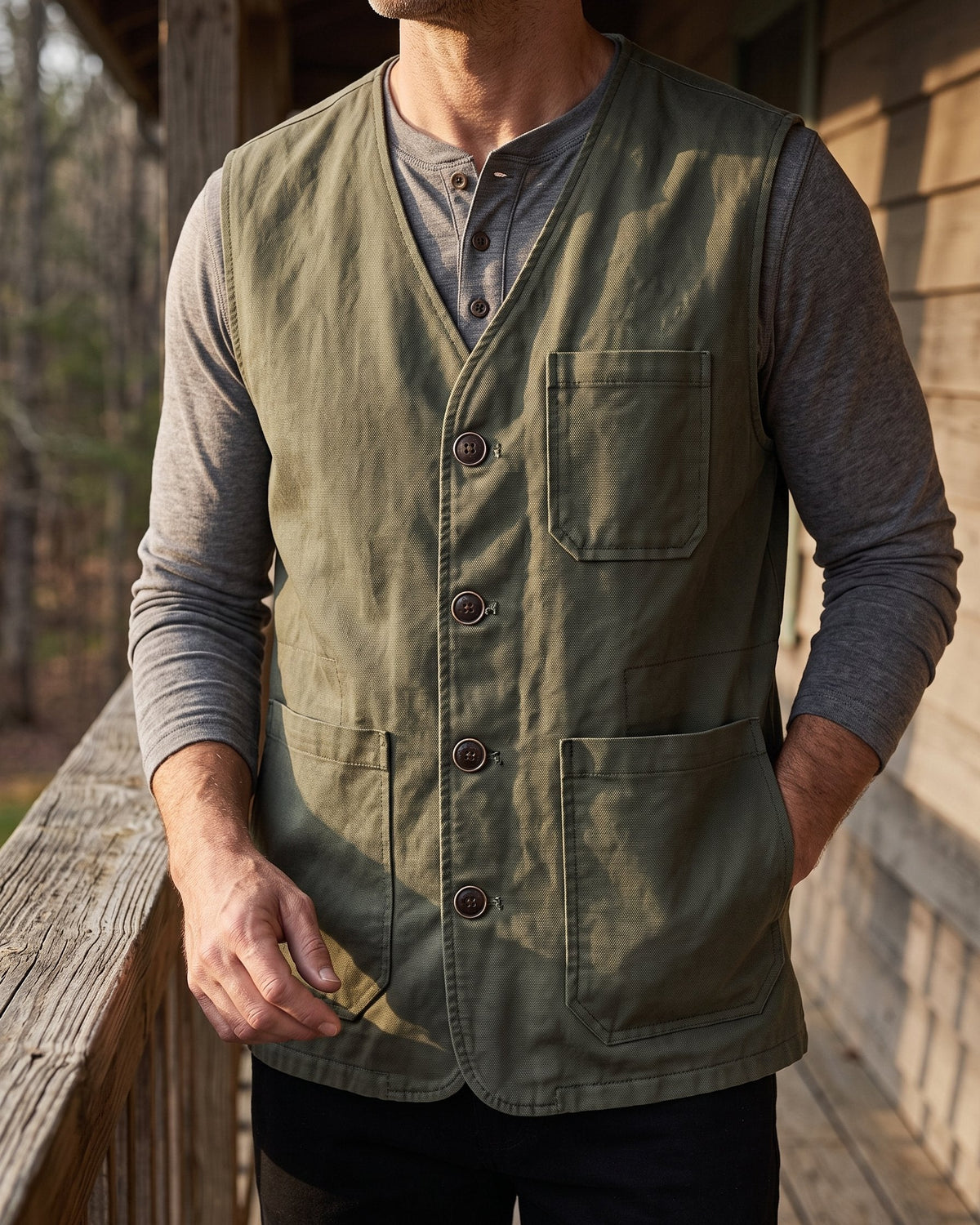 Men's Button-Front Multi-Pocket Utility Vest in Army Green – additional view | Hensley London