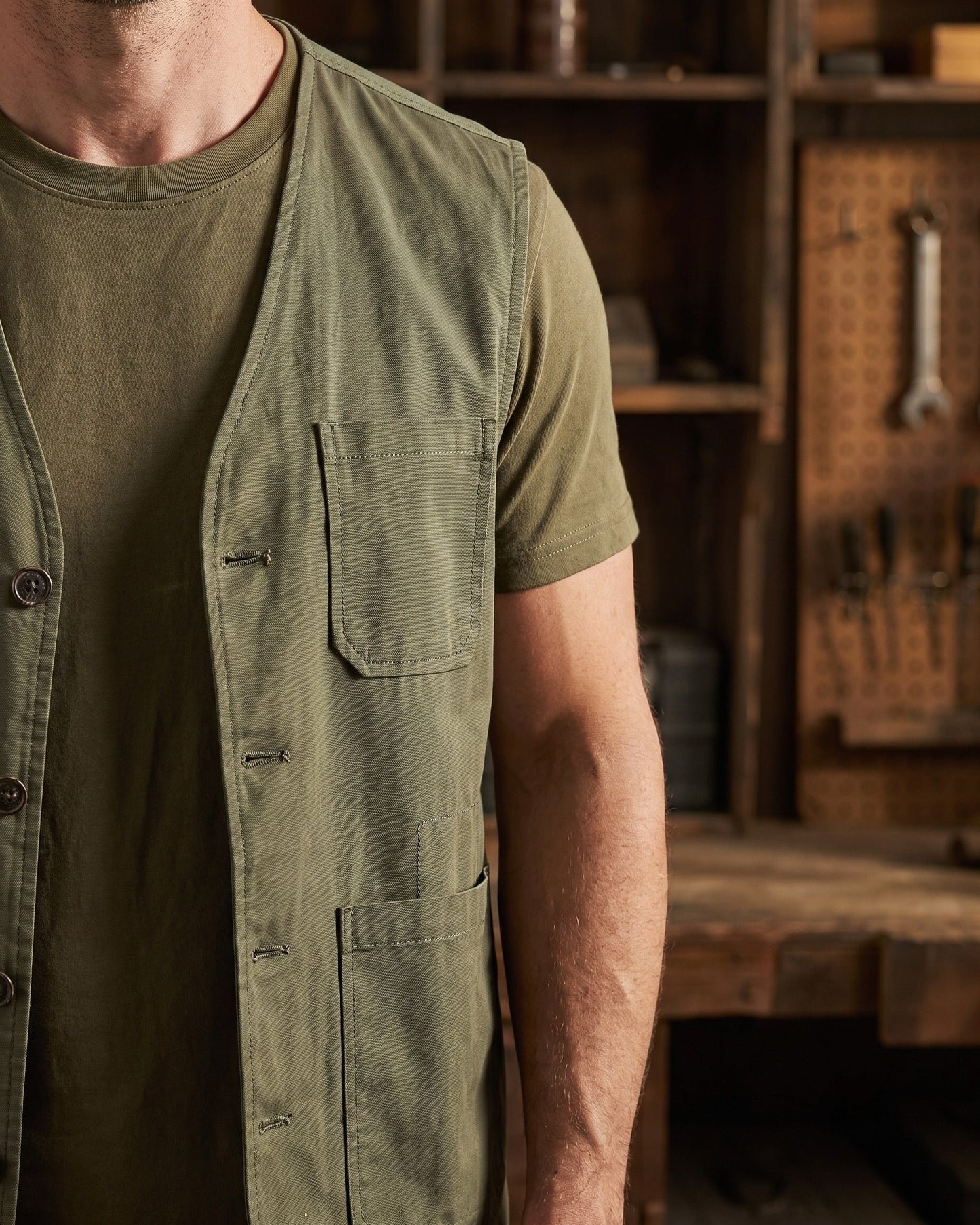 Men's Button-Front Multi-Pocket Utility Vest in Army Green – additional view | Hensley London