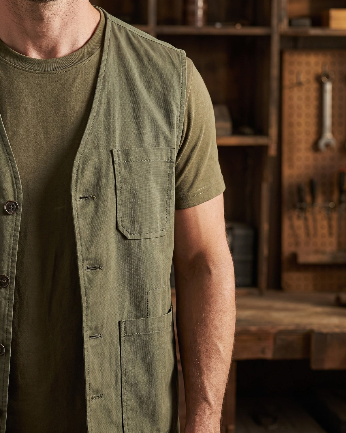 Men's Button-Front Multi-Pocket Utility Vest in Army Green – additional view | Hensley London