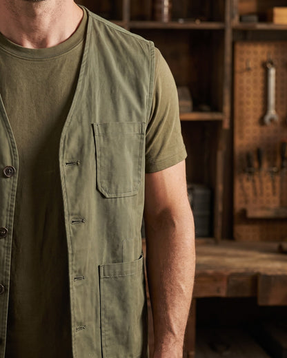 Men's Button-Front Multi-Pocket Utility Vest in Army Green – additional view | Hensley London