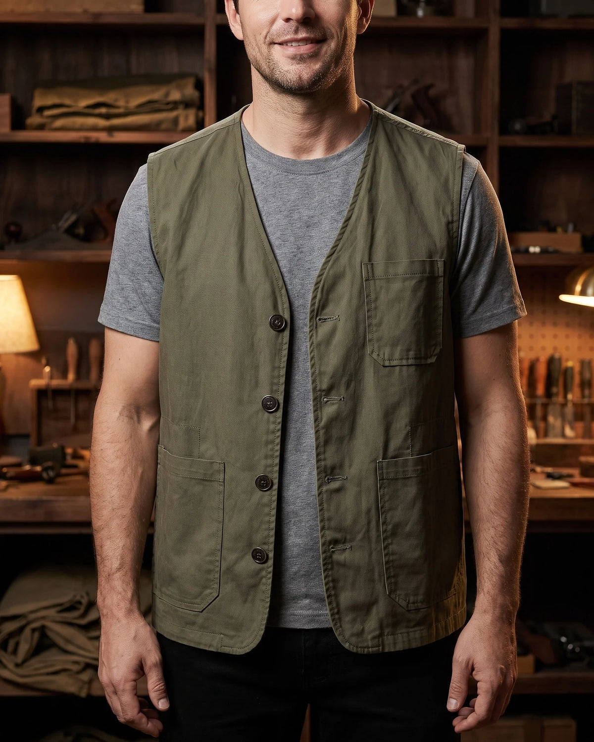 Men's Button-Front Multi-Pocket Utility Vest in Army Green – additional view | Hensley London