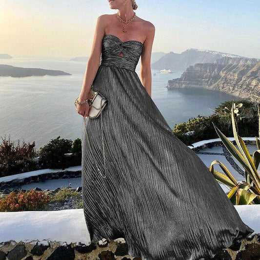Women's Evening Gown Black Satin Strapless A-Line-1