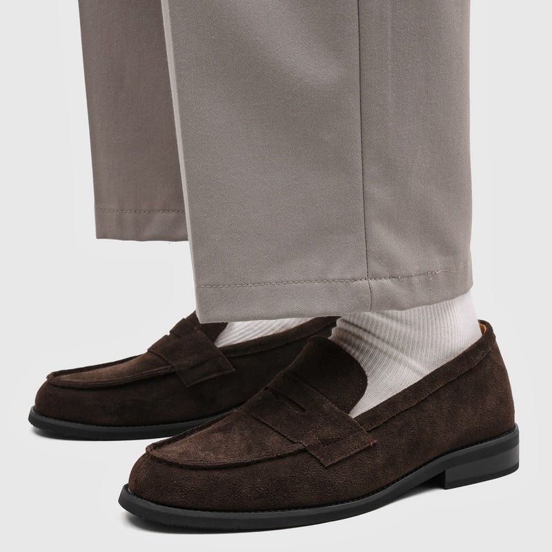 Men's Suede Penny Loafers with Stitched Moc Toe in Dark Brown - additional view 36 | Hensley London