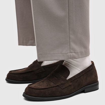 Men's Suede Penny Loafers with Stitched Moc Toe in Dark Brown - additional view 36 | Hensley London
