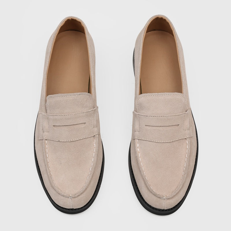 Men's Suede Penny Loafers with Stitched Moc Toe in Beige - additional view 12 | Hensley London