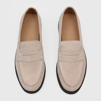 Men's Suede Penny Loafers with Stitched Moc Toe in Beige - additional view 12 | Hensley London