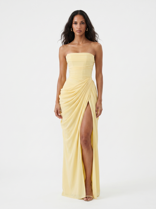 Women's Chiffon Corset-Back Evening Gown – main view | Hensley London