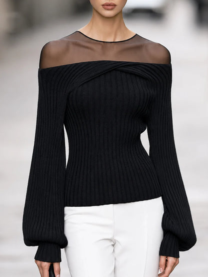 Women's Mesh-Yoke Off-Shoulder Ribbed Sweater in Black – product view | Hensley London