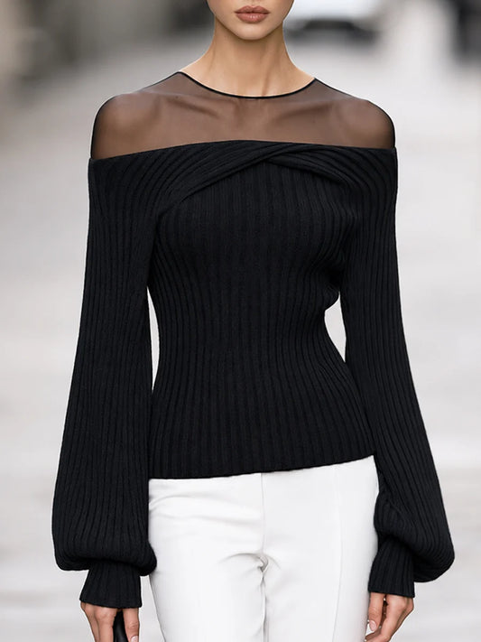 Women's Mesh-Yoke Off-Shoulder Ribbed Sweater in Black – product view | Hensley London