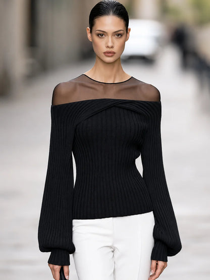 Women's Mesh-Yoke Off-Shoulder Ribbed Sweater in Black – product view | Hensley London