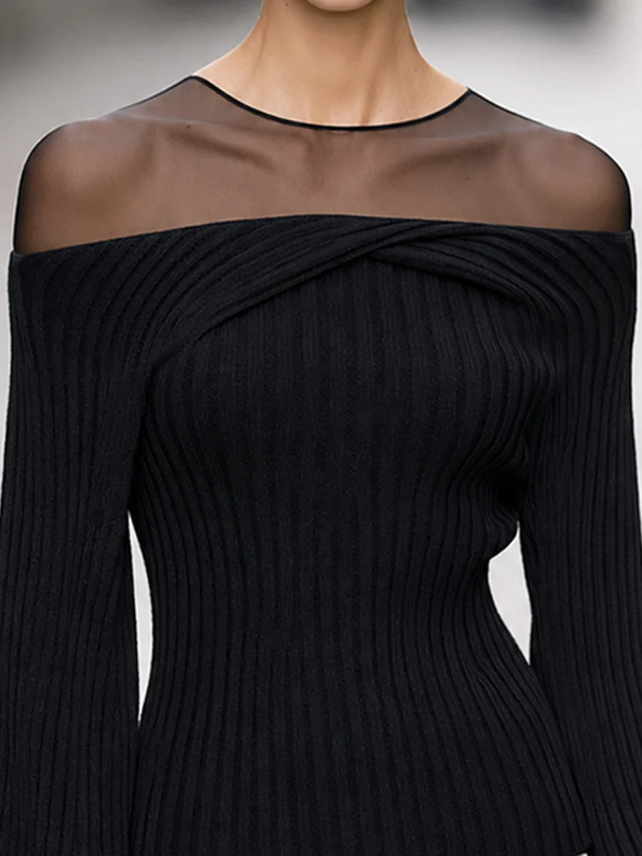 Women's Mesh-Yoke Off-Shoulder Ribbed Sweater in Black – product view | Hensley London