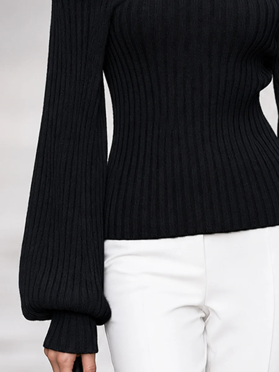 Women's Mesh-Yoke Off-Shoulder Ribbed Sweater in Black – product view | Hensley London