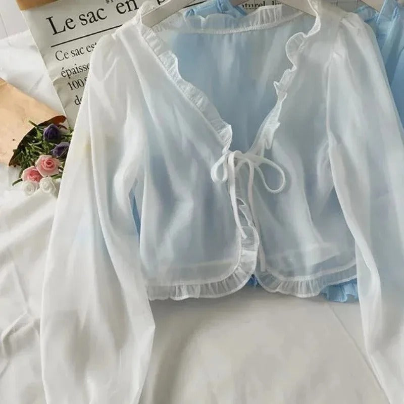 Sheer Summer Lace Tie Front Long Sleeve Cardigan for Women 0