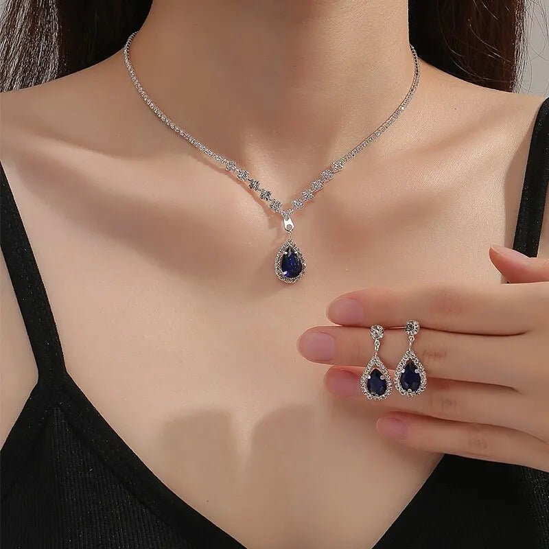 Shimmering Blue Teardrop Diamond Necklace and Earrings Set – Elegant Jewelry Collection 0