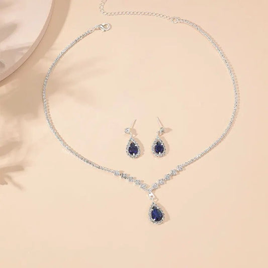 Shimmering Blue Teardrop Diamond Necklace and Earrings Set – Elegant Jewelry Collection 1