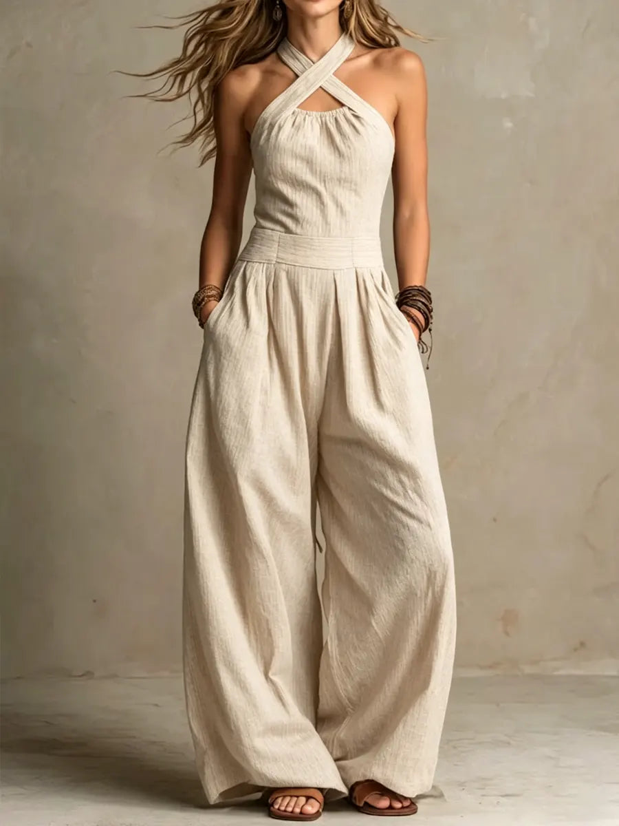Women's Sienna Linen Blend Jumpsuit - detail view | Hensley London