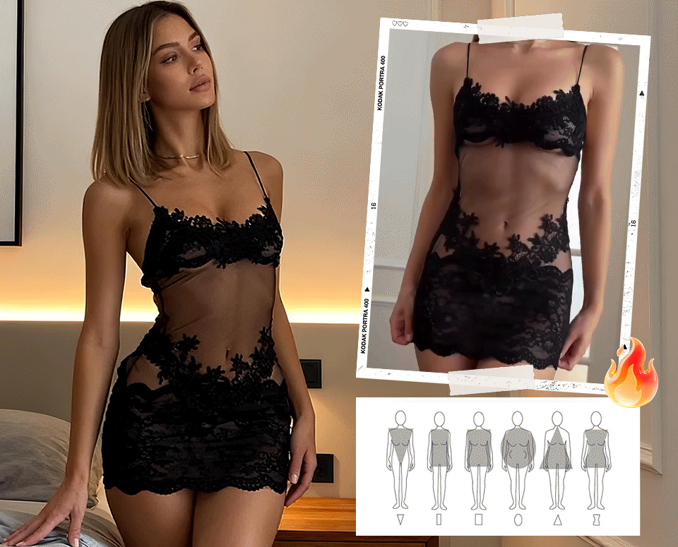 Women's Nightdress Black Lace Mesh Cotton Blend - 2
